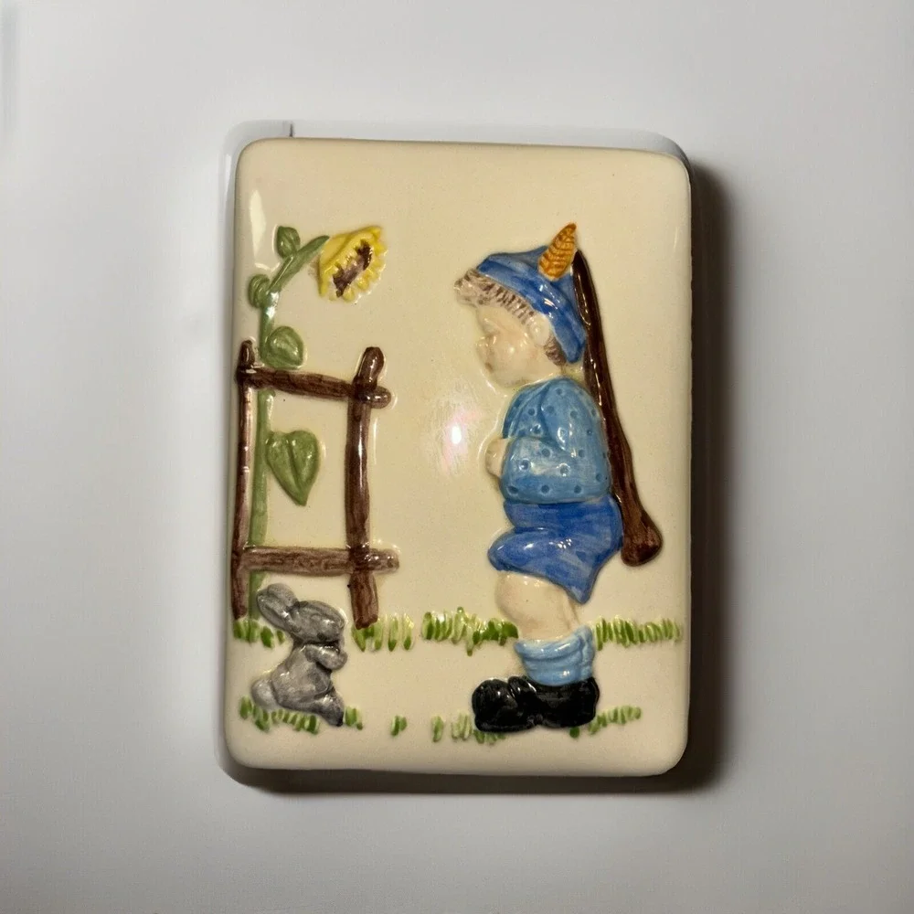 Vintage 1970's Ceramic HOLLAND MOLD Trinket Box Boy Rabbit Sunflower